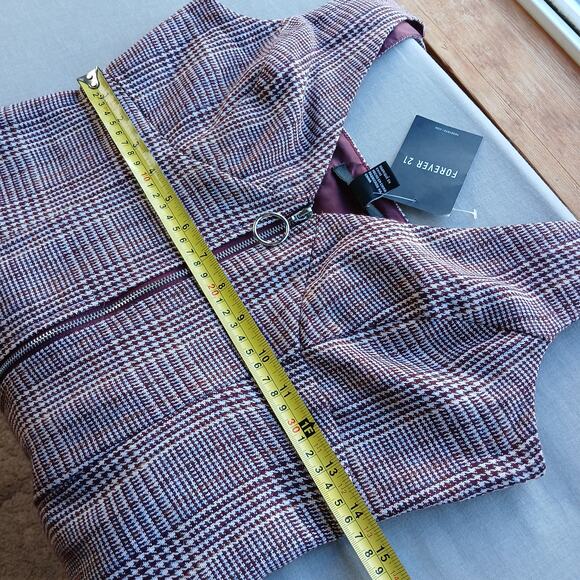 Forever 21 zip-up jumper bodycon dress M woven burgundy cream houndstooth tweed - Picture 7 of 10